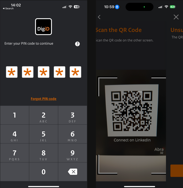 Screenshot of an app showing two scenarios where you might forcefully move the focus of assistive technologies, e.g. after scanning a QR-code or entering a pincode