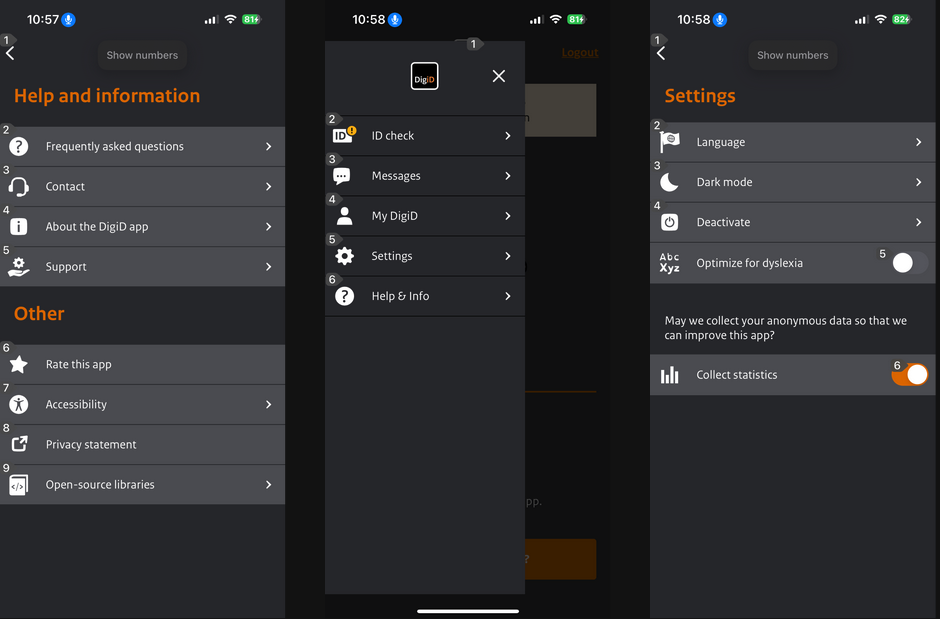Screenshot of an app, showing the focus order using numbers displayed by Voice Control