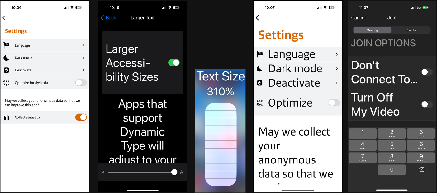 Screenshot of an app with increased font size, none of the text is truncated