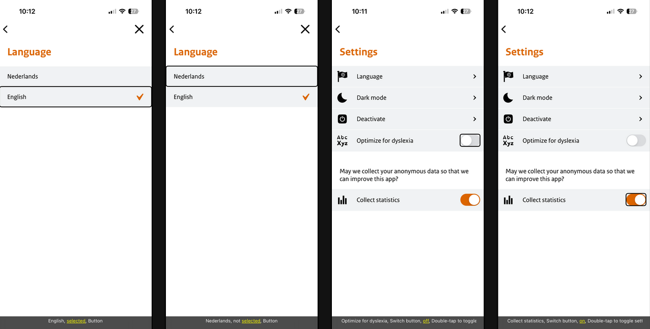 Screenshot of an app showing that a selected item has been marked as selected for assistive technologies